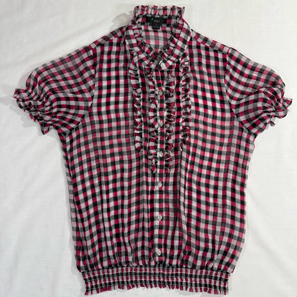 XXI Vtg Forever 21 Blouse Short Sleeve Sz L Button Up Ruffled Trim Grunge Pink